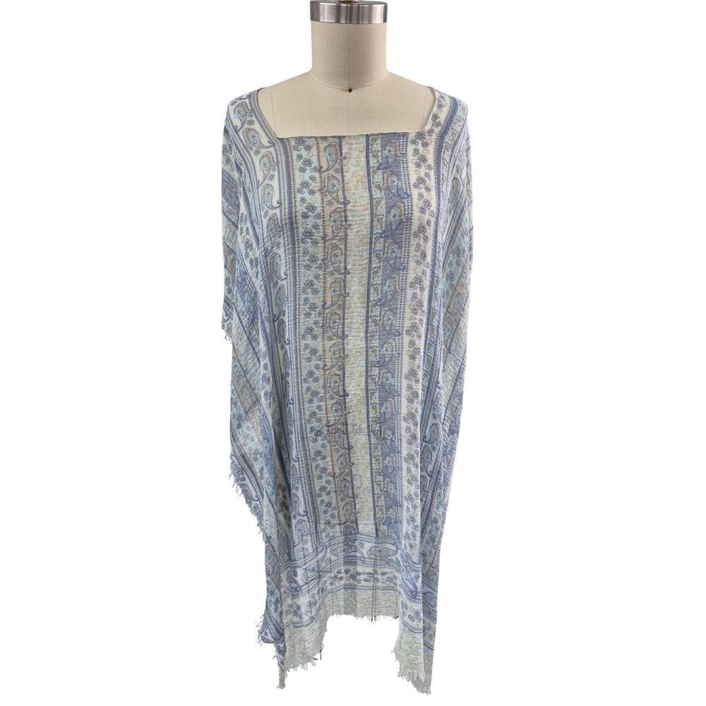 Paisley Floral Poncho Blue Cover-Up Fringe Made in Greece Cotton Gauze One Size